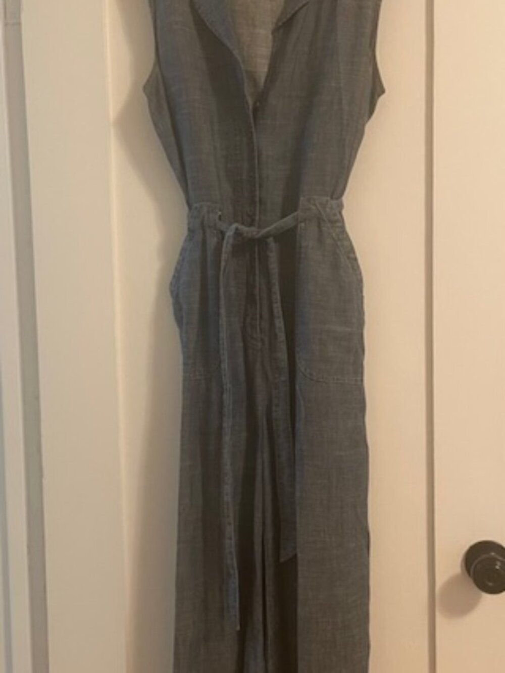 Lightweight sleeveless wide-leg "denim" jumpsuit